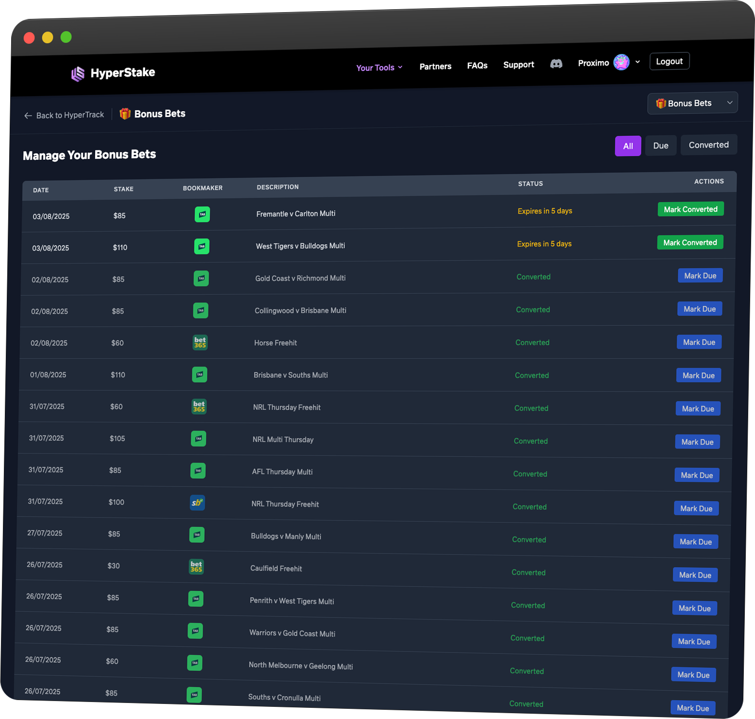 Bonus Bet Tracking Interface