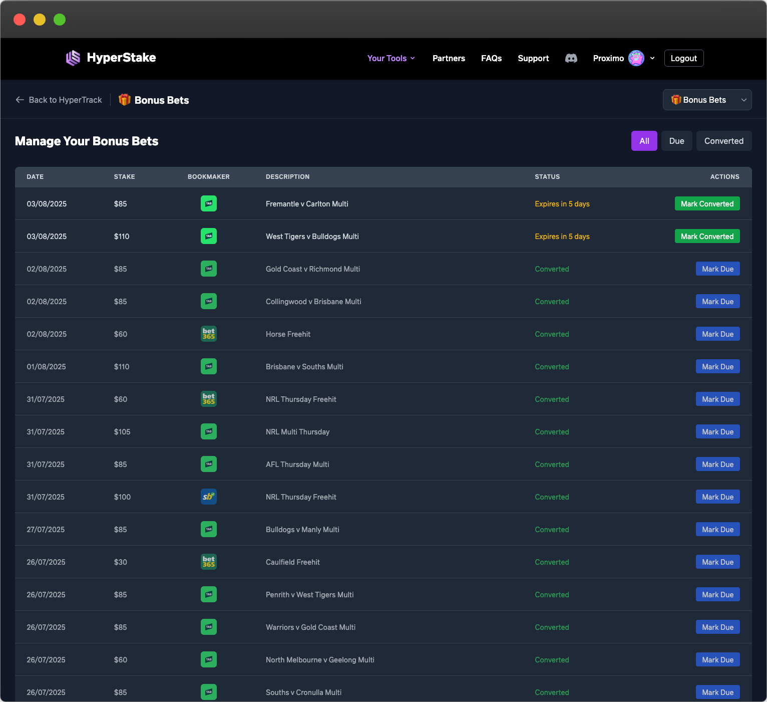 Bonus Bet Tracking
